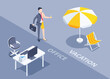 © dimon_ua - isometric vector illustration on gray background, man in business suit and shorts near work desk and umbrella, office or vacation