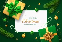 Christmas Green Background With Square Paper Banner, Realistic Gift Boxes With Green And Golden Bows, Pine Branches, Gold Stars And Confetti, Balls Bauble. Xmas Background, Greeting Cards. Vector.