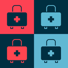 Sticker - Pop art First aid kit icon isolated on color background. Medical box with cross. Medical equipment for emergency. Healthcare concept. Vector.