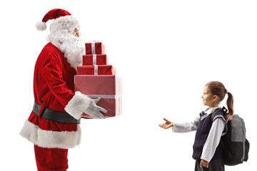 Canvas Print - Santa giving presents to a schoolgirl