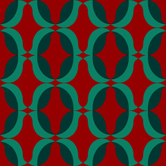 Wall Mural - Repeating, seamless pattern of abstract leaf shapes on red background.  Ideal for wrapping paper or greeting card design for Christmas holidays.