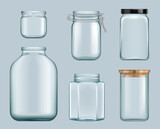 Fototapeta  - Glass jars. Product jam containers transparent bottles for liquids canned food for shelves vector template. Illustration jar glass canning, close container empty bottle