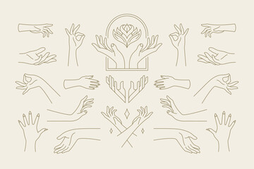 Wall Mural - female hands gestures collection of line art hand drawn style vector illustrations.