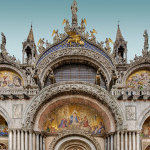 The Facade Of The Basilica San Marco In Venice, St Mark's Basilica In Piazza San Marco 