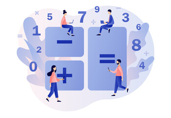 Calculator concept. Accounting, financial analytics, bookkeeping,  budget calculation, audit debit and credit calculations. Tiny people with calculating. Modern flat cartoon style. Vector illustration