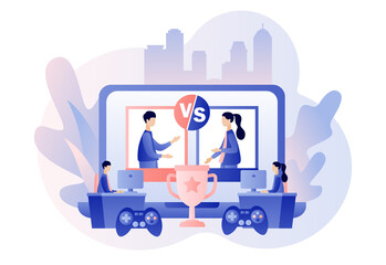 E-sport and cybersport concept. Professional gamers at video game online tournament competing  for trophy. Modern flat cartoon style. Vector illustration on white background