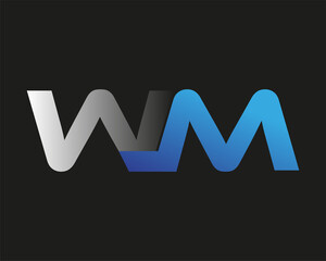 initial letter WM logotype company name colored blue and silver swoosh design. isolated on black background.