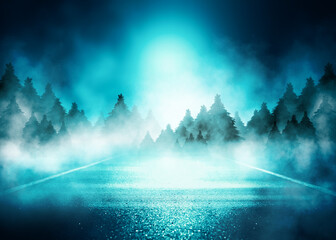 Poster - Dark abstract background. Winter night forest landscape. Silhouettes of fir trees, lit with neon glow, snowdrifts, snowflakes. 3d illustration