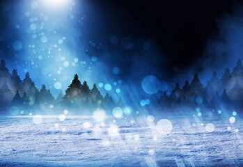 Poster - Dark abstract background. Winter night forest landscape. Silhouettes of fir trees, lit with neon glow, snowdrifts, snowflakes. 3d illustration