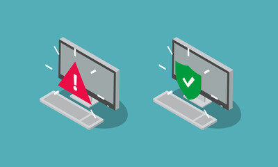 Fototapete - Infected and protected desktop computer symbols, isolated on blue background. Flat design, easy to use for your website or presentation.
