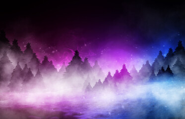 Poster - Dark abstract background. Winter night forest landscape. Silhouettes of fir trees, lit with neon glow, snowdrifts, snowflakes. 3d illustration
