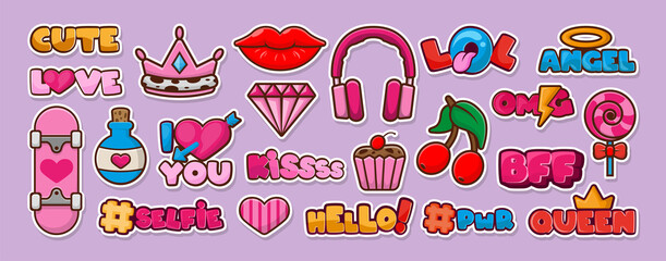 modern cute colorful patch set. fashion badges. lollipop, potion, diamond, lips, cherry, cake, headp