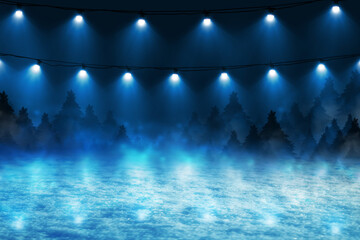 Poster - Dark abstract background. Winter night forest landscape. Silhouettes of fir trees, lit with neon glow, snowdrifts, snowflakes. 3d illustration