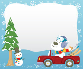 Wall Mural - polar bear cartoon driving car while carrying skiing equipment at winter