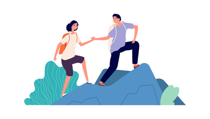 Travellers climb mountain. Cartoon tourists, backpackers vacations. Active sport people, man woman spend time outdoor together vector illustration. Travel mountain extreme, climber outdoor challenge