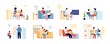 © MicroOne - Parents children learning. Home study, mother daughter remote education. Flat adult teacher and student, distance teaching utter vector set. Illustraton childhood studying at home
