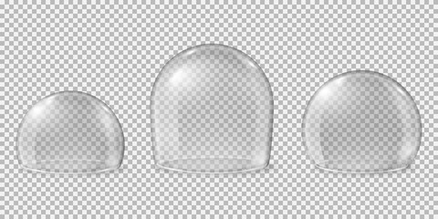 Glass domes. Transparent spheres, clean kitchen glossy display for food. Isolated realistic crystal protection empty caps recent vector set. Illustration glass dome, sphere exhibition model