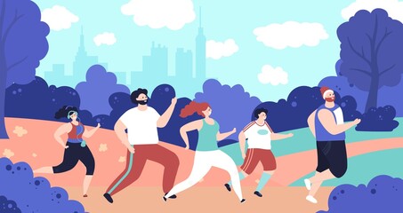 Poster - Outdoor jogging characters. Person running, park fitness workout people. Flat man woman run, marathon decent active athletes vector concept. Illustration running activity, health motion jogger