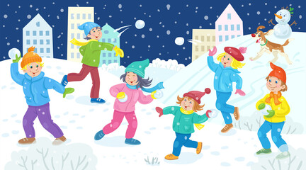 Poster - Happy children play snowballs in the winter city. Banner in cartoon style. Vector flat illustration.