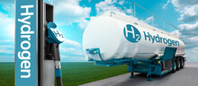 Tank Trailer With Hydrogen And H2 Filling Station On The Background Of A Green Field And Blue Sky. Renewable Energy