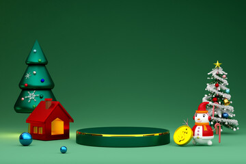 Wall Mural - Podium empty and snowman with gold coin and Christmas tree in green composition for website or poster or Happiness cards,Christmas banner and festive New Year, realistic 3d illustration or 3d render