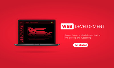Web development banner. Working on laptop. Flat design concepts for analysis, coding, programming, programmer and developer. Vector. EPS 10