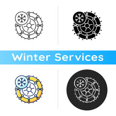 Canvas Print - Studded tires and chains icon. Lifehack for auto owners in winter period. Moving on car while snow is falling. Linear black and RGB color styles. Isolated vector illustrations