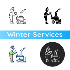 Canvas Print - Snow sweeping icon. Removing huge amounts of snow after stormy snowfall. Cleaning streets. Popular winter services. Linear black and RGB color styles. Isolated vector illustrations