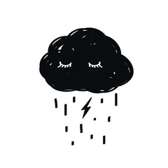 Sad cloud with rain lightning eyes tear eyelashes weather doodle logo icon sign ink emblem Hand drawn Cartoon children's style Fashion print clothes apparel greeting invitation card cover flyer poster