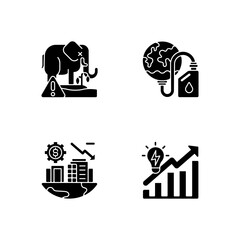 Canvas Print - Global warming black glyph icons set on white space. Biological resources depletion. Biosphere extinction of different plants and animals. Silhouette symbols. Vector isolated illustration