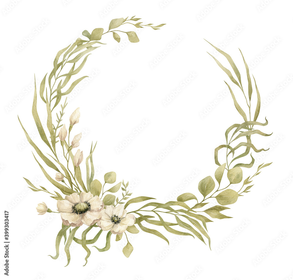 Watercolor wreath with green foliage and flowers. Floral frame with ...