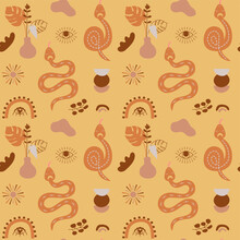 Earth Tone Pattern. Boho Elements Folk Ornate Snake Baby Rainbow Shapes Vase With Plant Moon Eye Tribal Background.