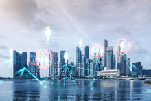 Social Media Icons Hologram Over Panorama City View Of Singapore, Asia. The Concept Of People Networking And Connections. Double Exposure.