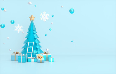 Aufkleber - Christmas and New year background with Christmas tree and gift box. 3d render.