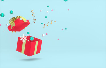 Fototapete - Christmas and New year background with empty gift box and confetti. 3d render.