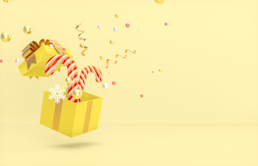 Aufkleber - Christmas and New year background with empty gift box and confetti. 3d render.