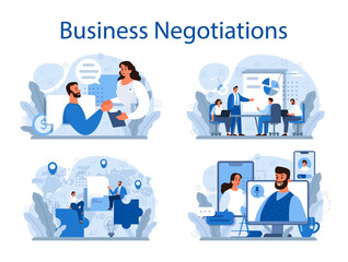 Business negotiations concept set. Business planning and development