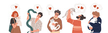 A Set Of Pictures With People Hugging Their Pets. Guys Love Cats, A Man With A Snake, A Guy Holding A Puppy, A Girl Hugging A Rabbit. Love For Domestic Animals Around Us