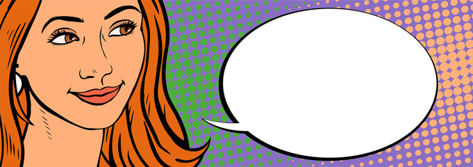 Wall Mural - Portrait of a beautiful girl. A smile on my face. Banner with place for text. Vector illustration in pop art style.