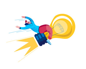 Wall Mural - A young man flies on a light bulb-thoughts, as on a rocket. Vector illustration of a successful idea.