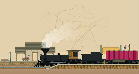 Railway station locomotive with map vector graphics