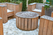 Handmade Furniture Made Of Wooden Boards. Idea For Landscaping The Garden And Backyard