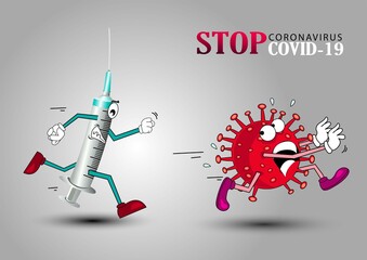 Vector cartoon figure drawing conceptual illustration of syringe running coronavirus COVID-19 virus with disinfection or disinfectant.