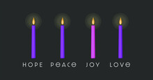 The Four Purple And Pink  Candles Of Advent Season Symbolize Hope, Peace, Love, And Joy. 