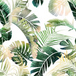 Seamless floral pattern with tropical leaves on summer background. Template design for textiles, interior, clothes, wallpaper. Watercolot illustration.  Botanical art