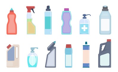 Detergent bottles. Cleaning supplies in plastic containers, bleach and household chemicals bottle, sanitary washing products for kitchen, toilet and home vector isolated flat set