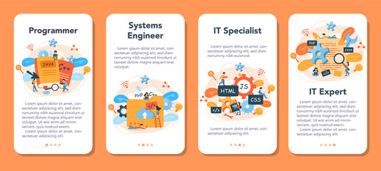 Programming mobile application banner set. Idea of working