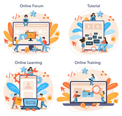 Web programming online service or platform set. Coding, testing
