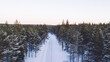 © BullRun - Aerial view from drone of nature landscape capped with snow and surrounded by coniferous forest, bird’s eye view of of snowy trees in national park of north Lapland in winter, road without cars