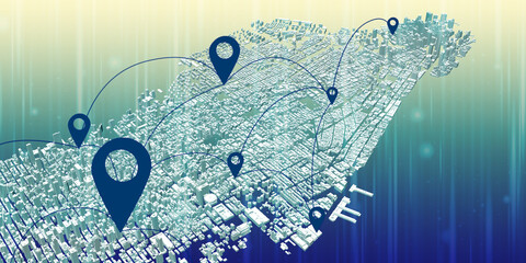 Wall Mural - Map pin above city view And the concept of network connection GPS system 5G and 6G communication system  data communication via Applications Smart phone  3D illustration